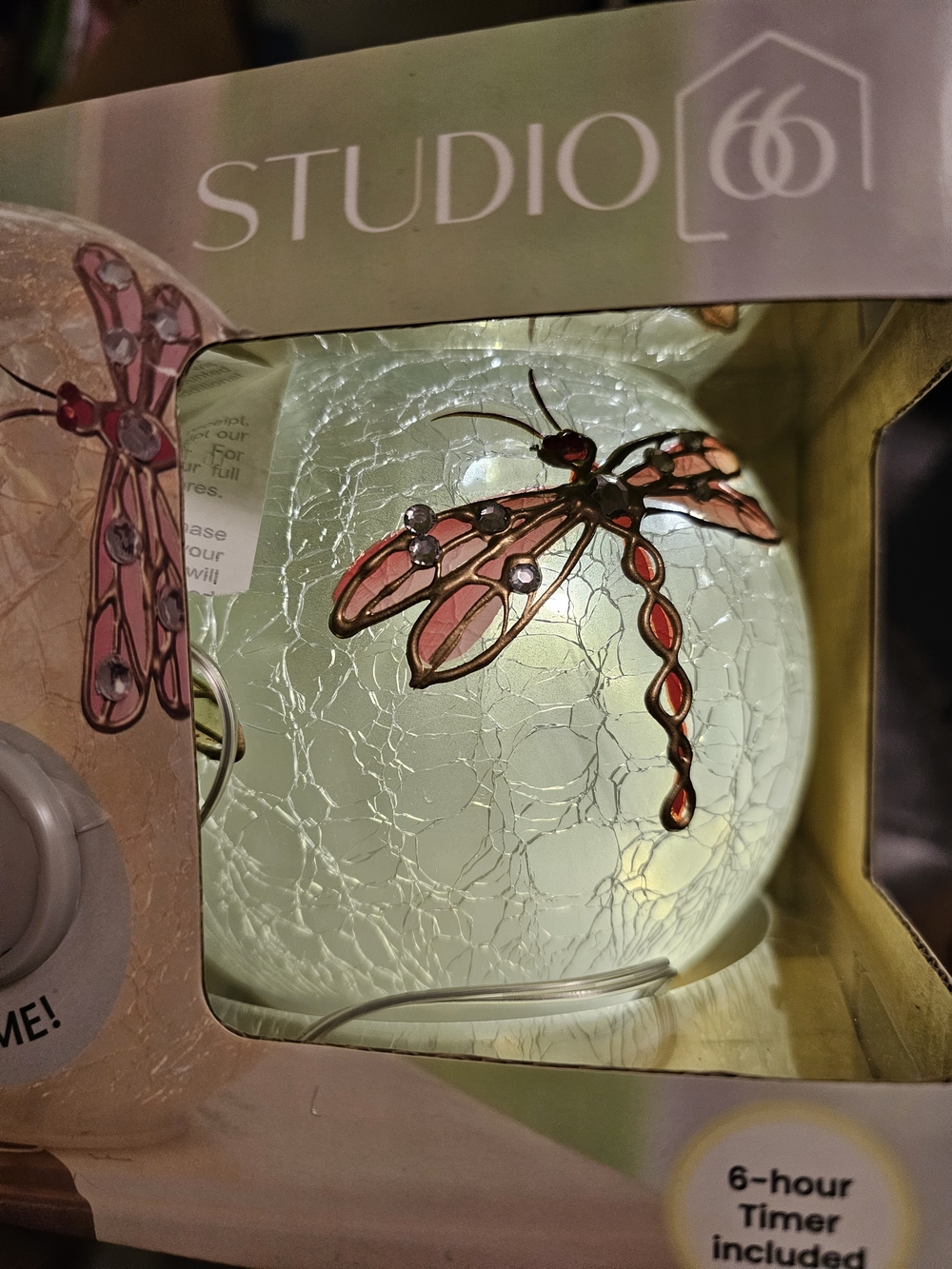 Studio pink and white crackle glass dragonfly night lamp
